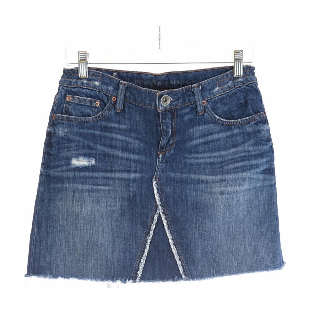 Banana Republic Distressed Cutoff Raw Hem Denim Mini Skirt Blue Jean Fray Sz 26